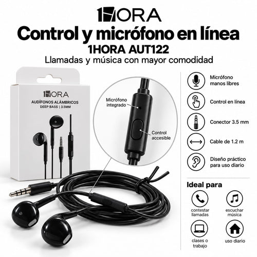 Audífonos alámbricos 1HORA AUT122 negros con micrófono y control en el cable
