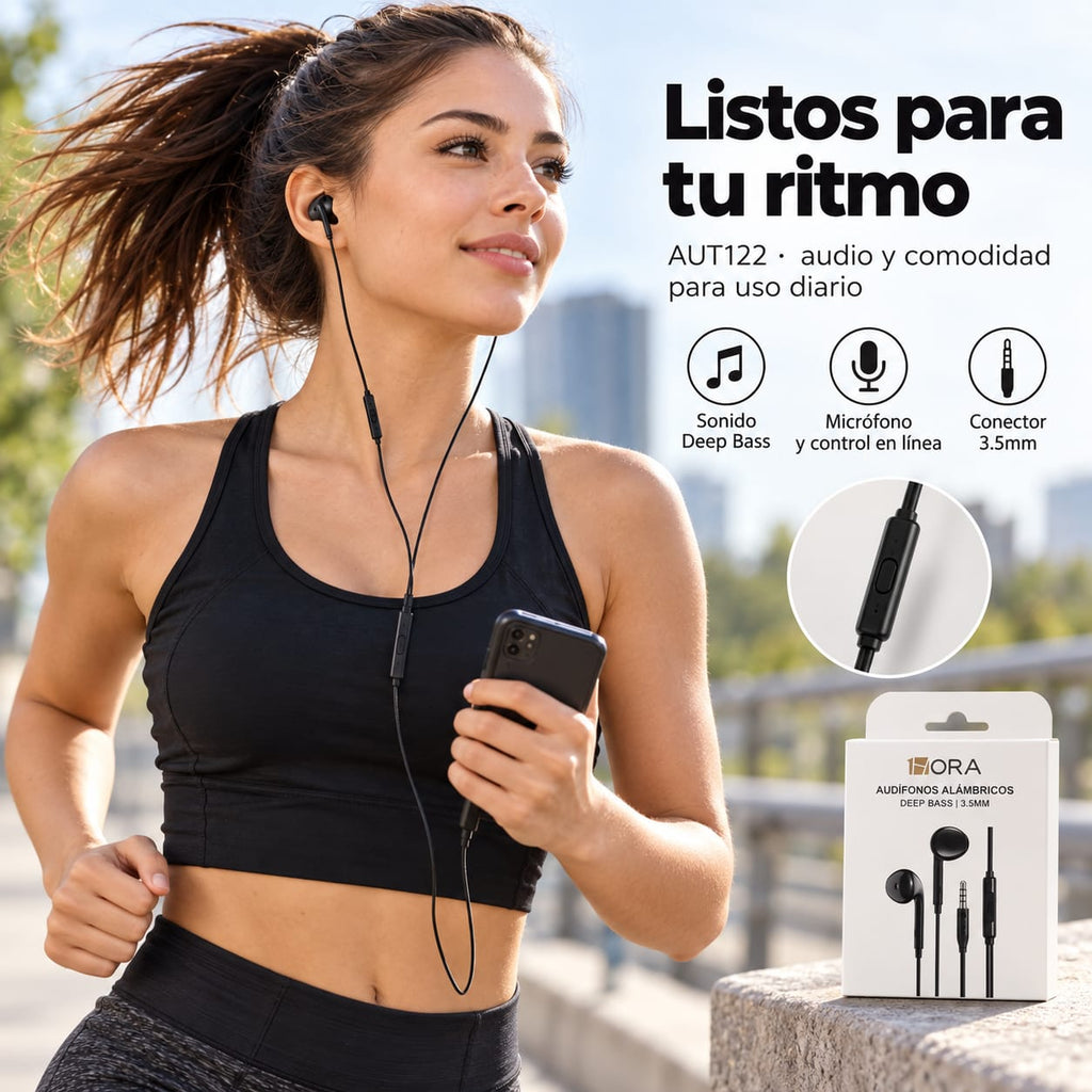 Audífonos 1HORA AUT122 negros, auriculares semi in-ear con cubierta de silicona