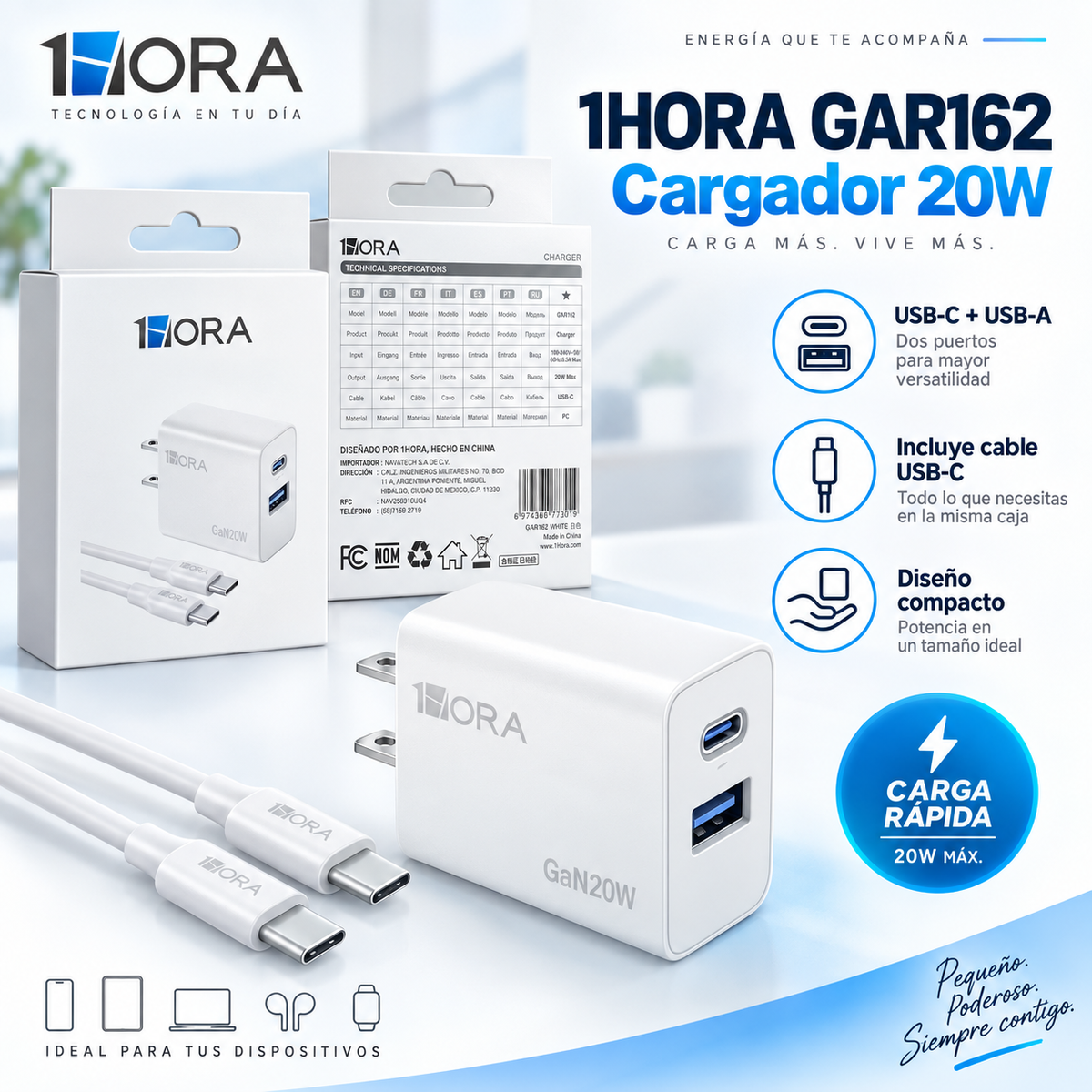 Cargador 1HORA GAR162 — 20W GaN Carga Rápida | USB-C + USB-A con cable tipo C incluido