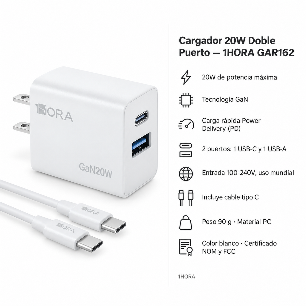 Cargador 1HORA GAR162 — 20W GaN Carga Rápida | USB-C + USB-A con cable tipo C incluido
