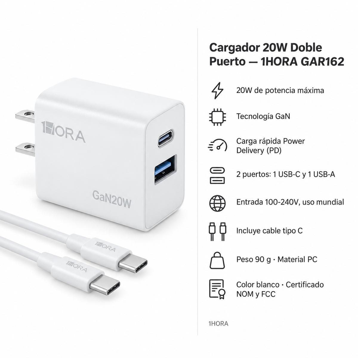 Cargador 1HORA GAR162 — 20W GaN Carga Rápida | USB-C + USB-A con cable tipo C incluido