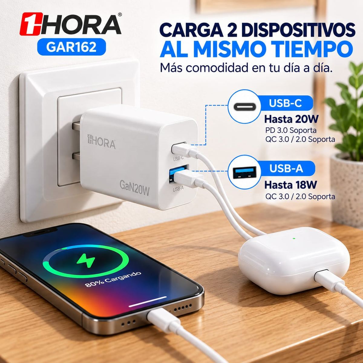 Cargador 1HORA GAR162 — 20W GaN Carga Rápida | USB-C + USB-A con cable tipo C incluido