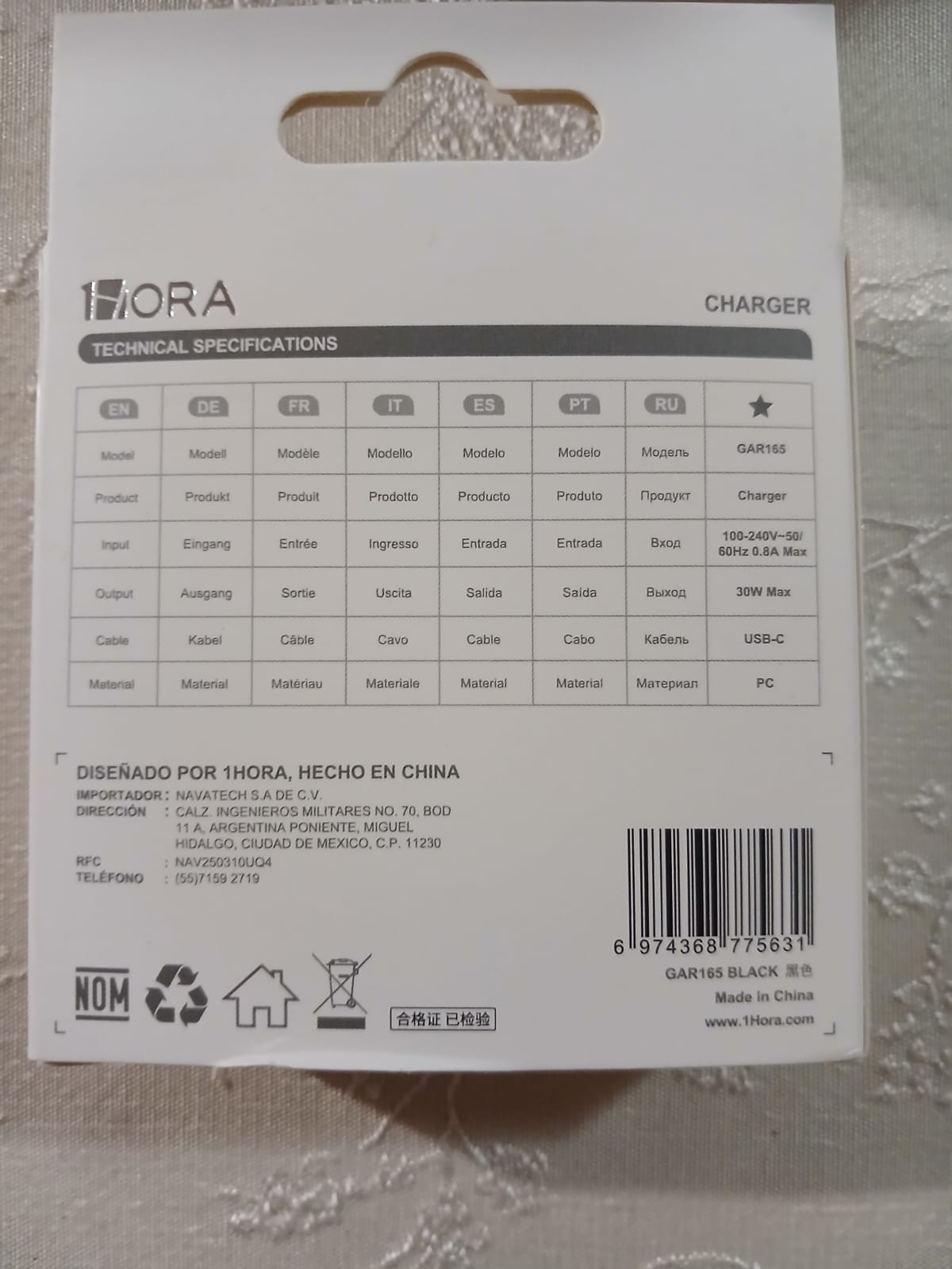 Cargador 1HORA GAR165 — 30W GaN Tipo C | PD con cable USB-C a USB-C de 1m incluido