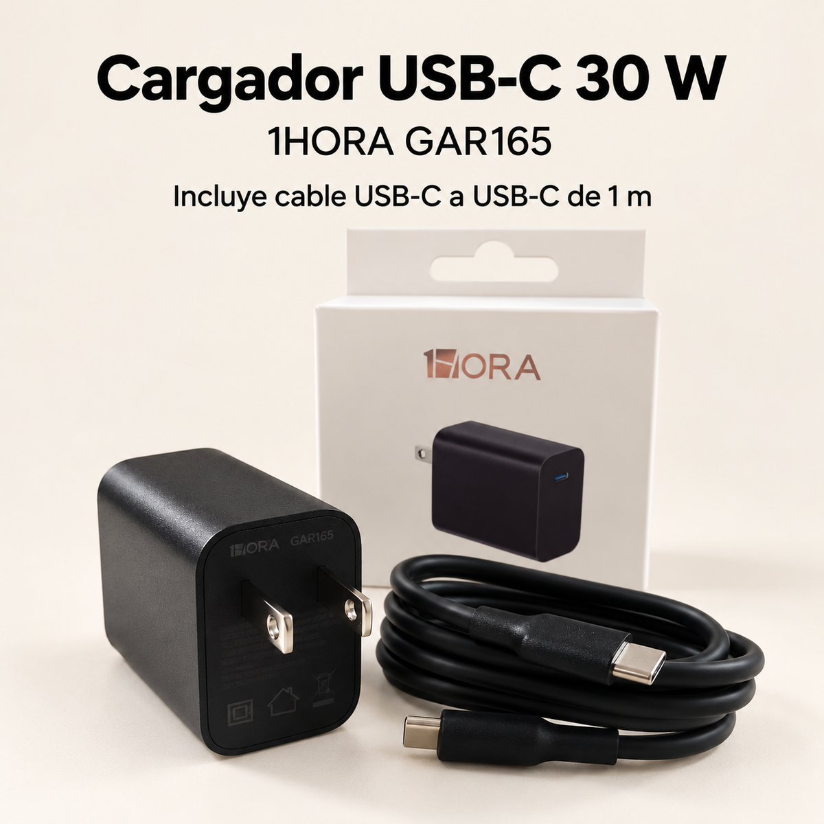 Cargador 1HORA GAR165 — 30W GaN Tipo C | PD con cable USB-C a USB-C de 1m incluido