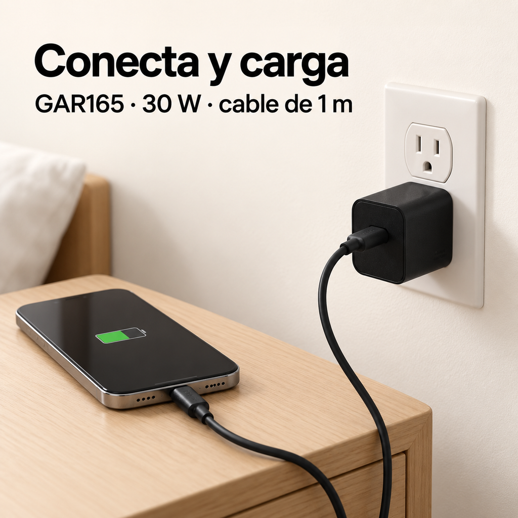 Cargador 1HORA GAR165 — 30W GaN Tipo C | PD con cable USB-C a USB-C de 1m incluido
